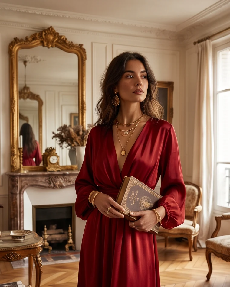 Moodboard kolekcji Elegance w odcieniu Deep RED: kobieta w czerwonej satynowej sukni ze złotymi naszyjnikami i bransoletkami stoi z książką w jasnym paryskim wnętrzu, obok złocone lustro i kominek