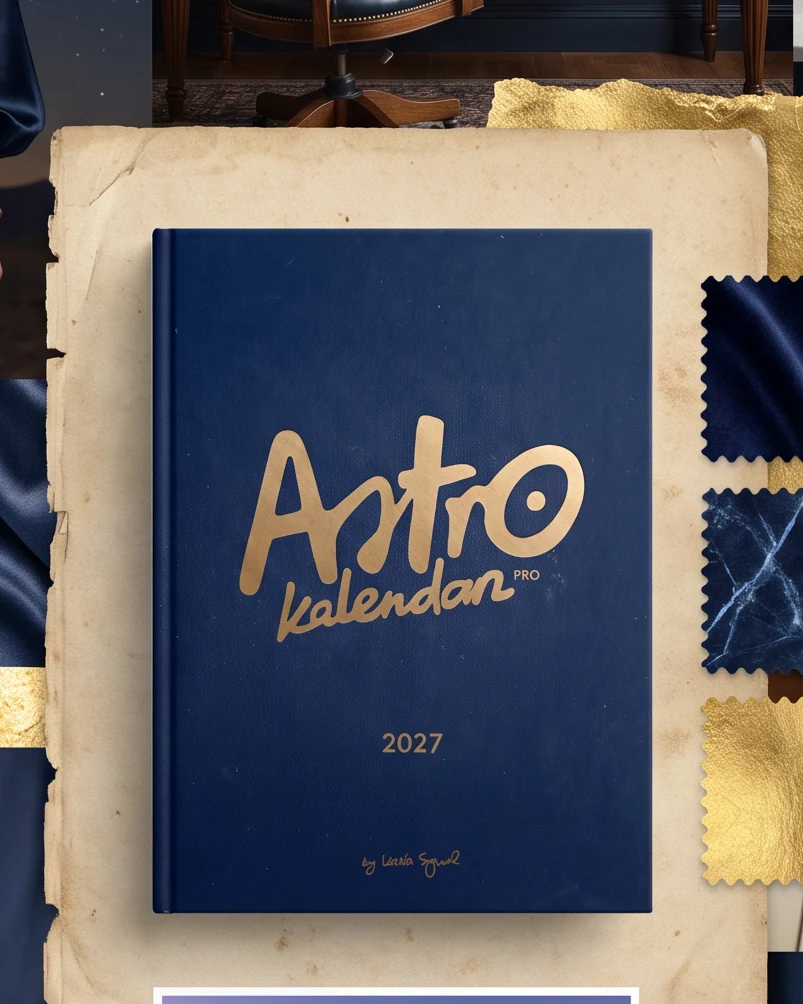 Moodboard kolekcji Elegance w odcieniu Space BLUE: granatowa okładka Astrokalendarza PRO 2027 ze złoconym logotypem, leżąca na arkuszu starego papieru, obok płatek złotej folii i próbki granatowych tkanin