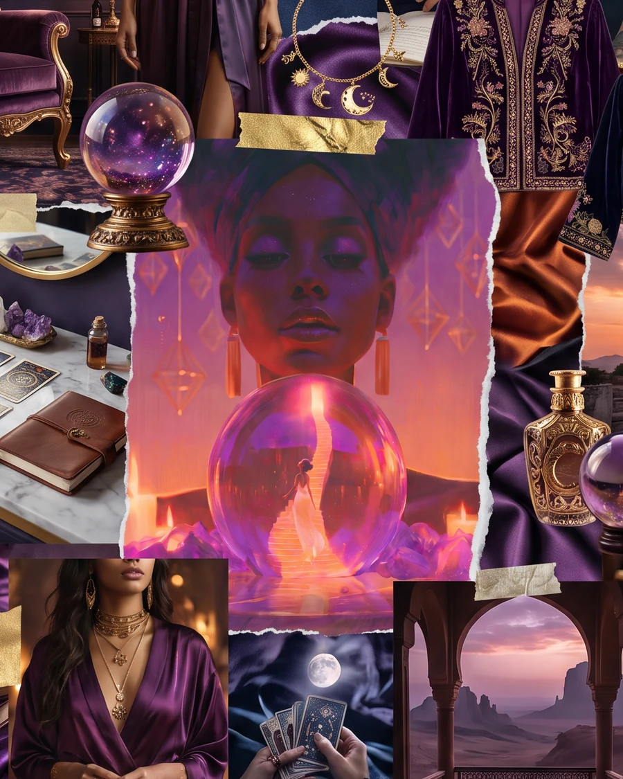Moodboard świata okładki Mistrzyni wglądu: ilustracja z okładki, czyli twarz kobiety nad kryształową kulą, w której są schody ze świecami. Wokół kryształowa kula na złotej podstawie, haftowana fioletowa kurtka z aksamitu, skórzany notes, złoty flakon i kobieta w fioletowej satynie z kartami