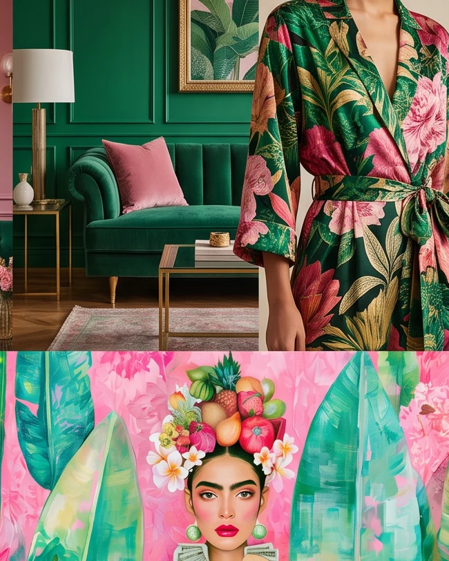 Moodboard świata okładki Mistrzyni materii, Bogini Obfitości w różu: zielony salon z aksamitną sofą i różową poduszką, szlafrok w tropikalne kwiaty oraz górna część ilustracji z okładki, czyli kobieta w koronie z owoców i kwiatów na tle różu i turkusowych liści